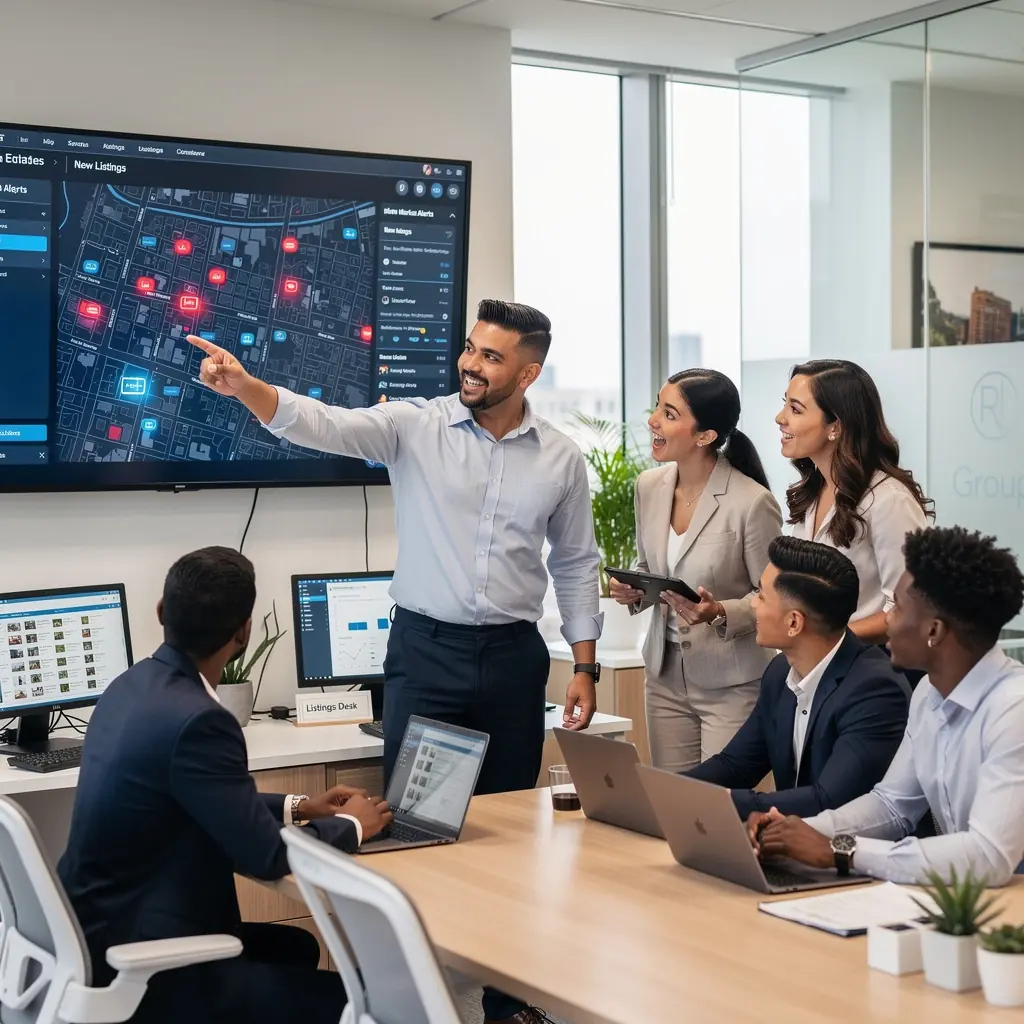 Znak informacyjny wskazujący lokalizację biura obsługi nieruchomości.