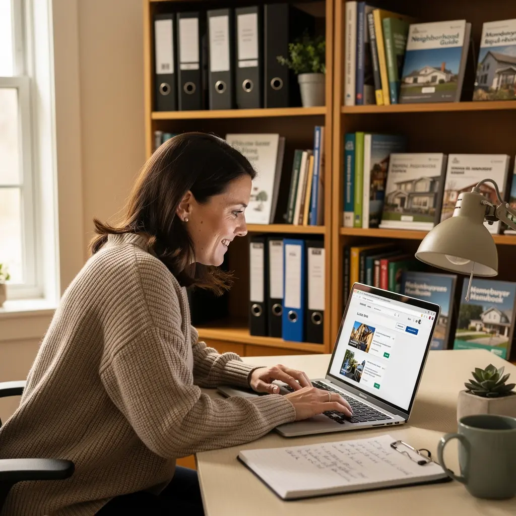 Rodzina przeglądająca katalog nieruchomości w przytulnym otoczeniu